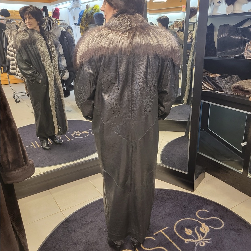 Black leather coat with silver fox trim